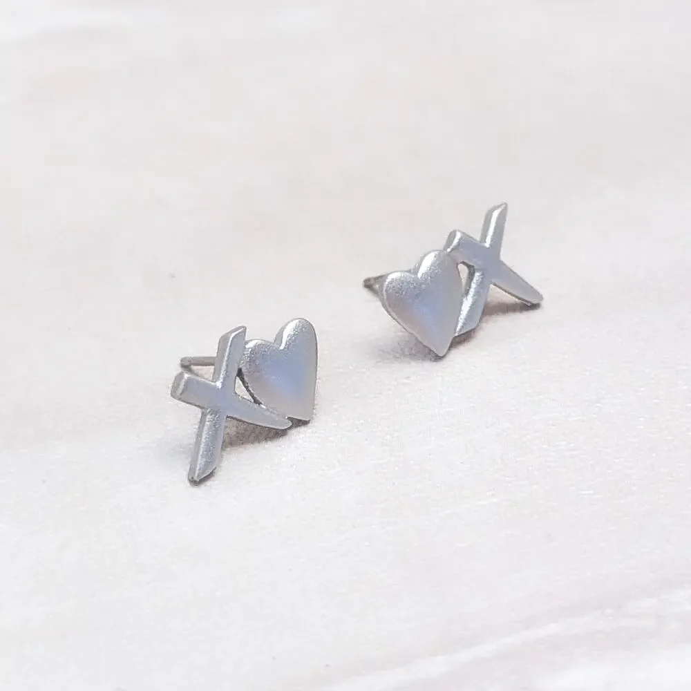 Kiss and Heart Stud Earrings Silver Tone